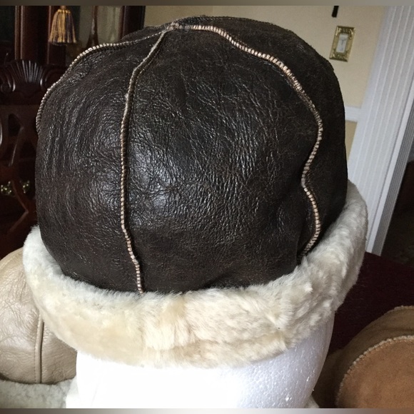 Leather Sheepskin Fur Hat Round Beanie, Brown S/M - Picture 3 of 5